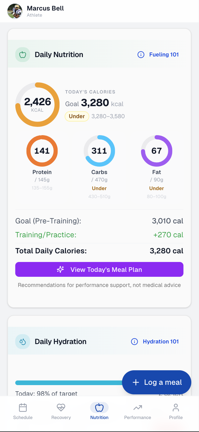 Athlete nutrition screen in the APEX app showing daily calorie and macro rings and a log-a-meal button